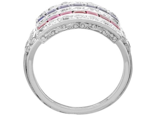 fig 8. An antique platinum ring displaying horizontal rows of round diamonds alternating with channel-set rectangular blue sapphires and red rubies.