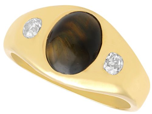 Vintage 2.21ct Tiger's Eye and 0.43ct Diamond 18ct Yellow Gold Ring Circa 1940