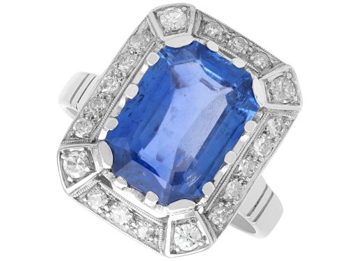 Antique 3.80ct Ceylon Sapphire and 0.28ct Diamond 18ct White Gold Ring Circa 1925