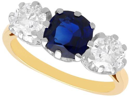 Antique 1.60ct Basaltic Sapphire and 0.98ct Diamond 18ct Yellow Gold Trilogy Ring Circa 1935