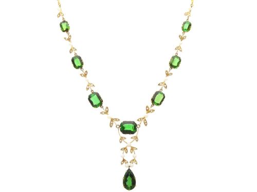Antique 27.75ct Tourmaline and Seed Pearl 14ct Yellow Gold Necklace Circa 1890