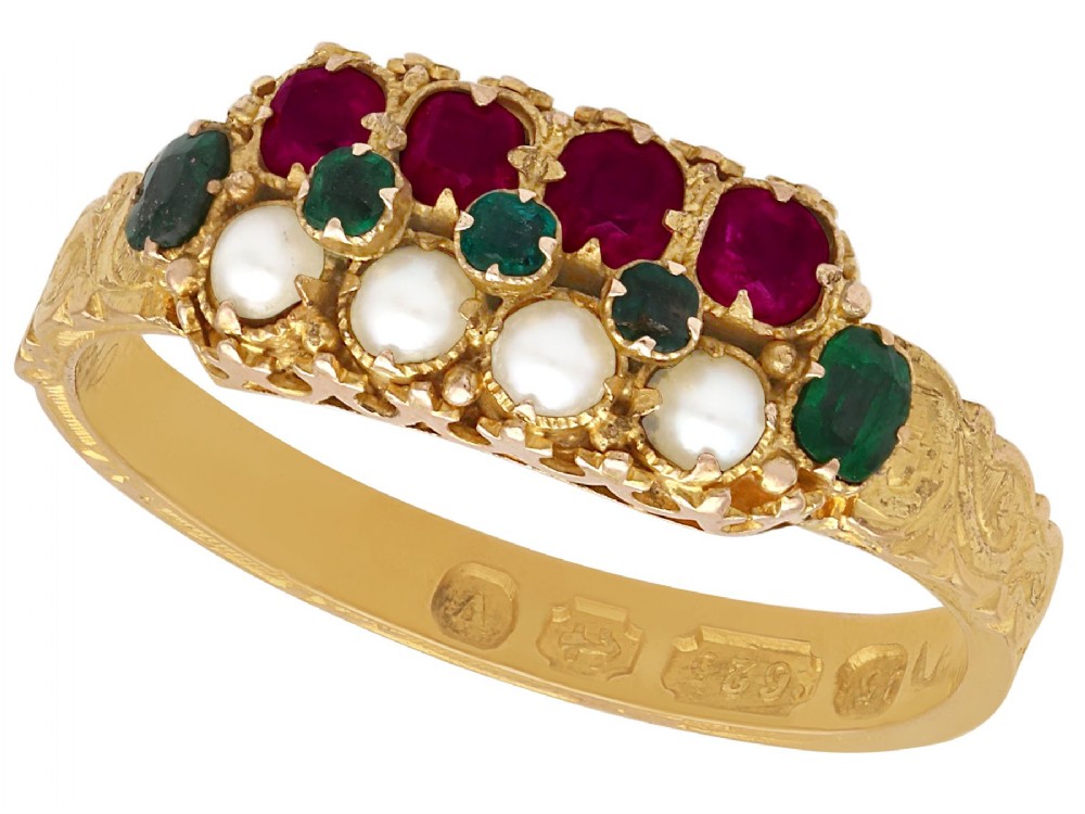 Victorian Pearl and 0.13ct Emerald, 0.20ct Amethyst and 15ct Yellow Gold Dress Ring