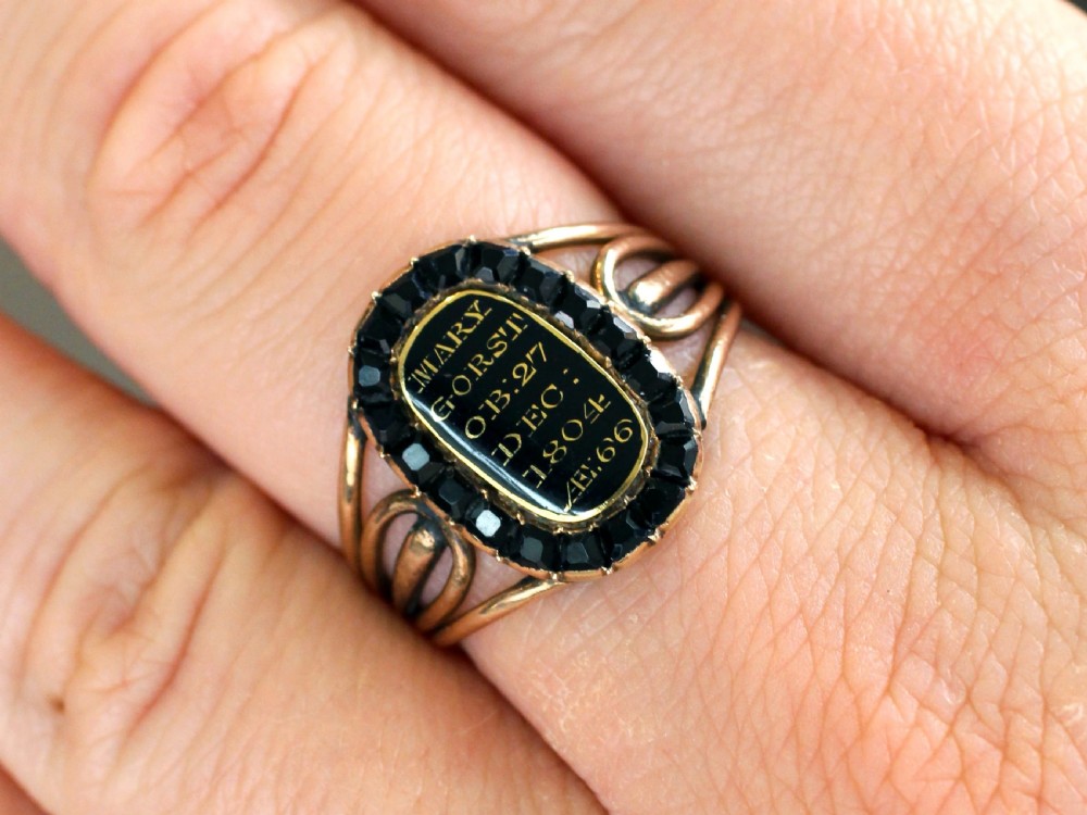Antique 0.57ct Jet, Black Enamel and 9ct Yellow Gold Mourning Ring Circa 1804 View III