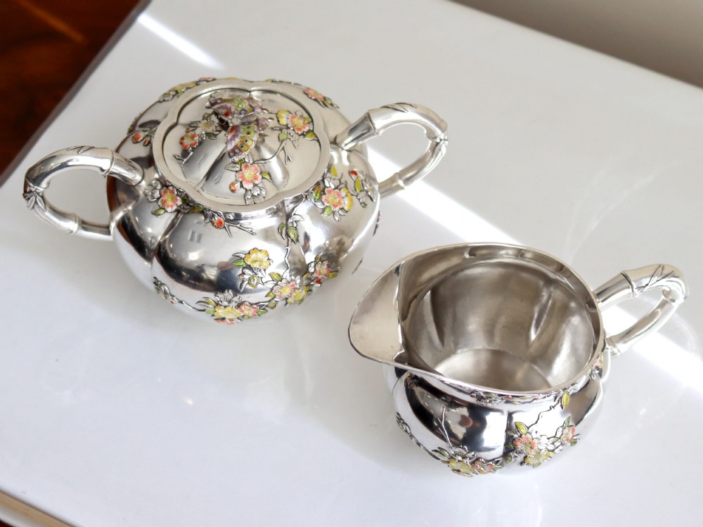 Antique Japanese Silver and Enamel Cream Jug and Sugar Bowl Circa 1890 View II