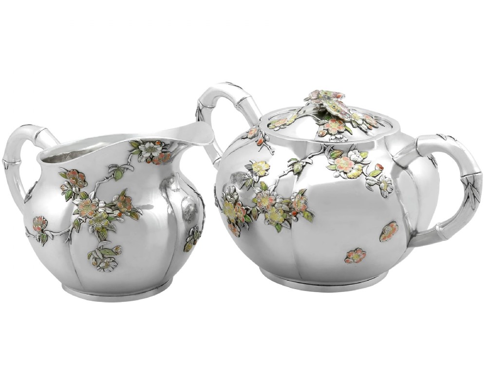 Antique Japanese Silver and Enamel Cream Jug and Sugar Bowl Circa 1890