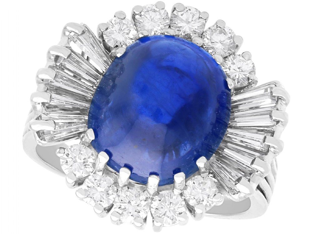 A vintage 18ct white gold cluster ring featuring a central oval cabochon blue sapphire framed by brilliant-cut and baguette-cut diamonds.