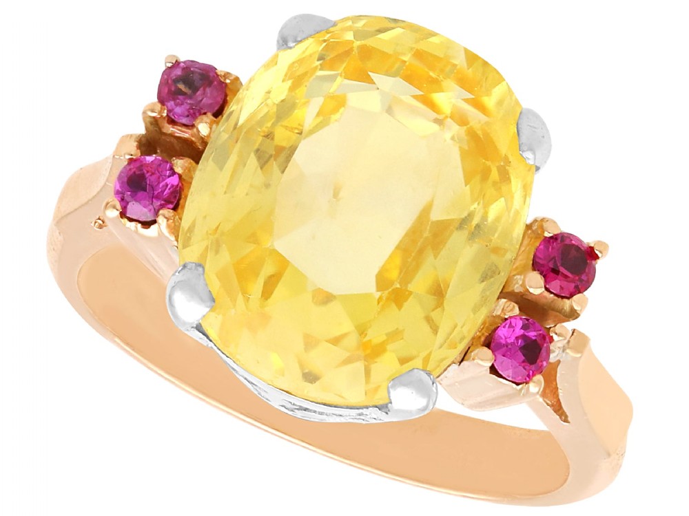 Antique Art Deco 7.10ct Yellow Ceylon Sapphire, Ruby, 9ct Rose Gold Ring Circa 1920