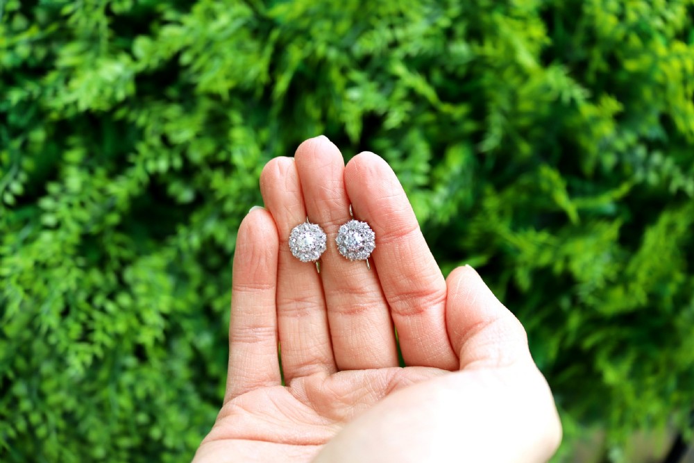 Antique 2.50ct Diamond and Platinum Cluster Earrings Circa 1900 View II