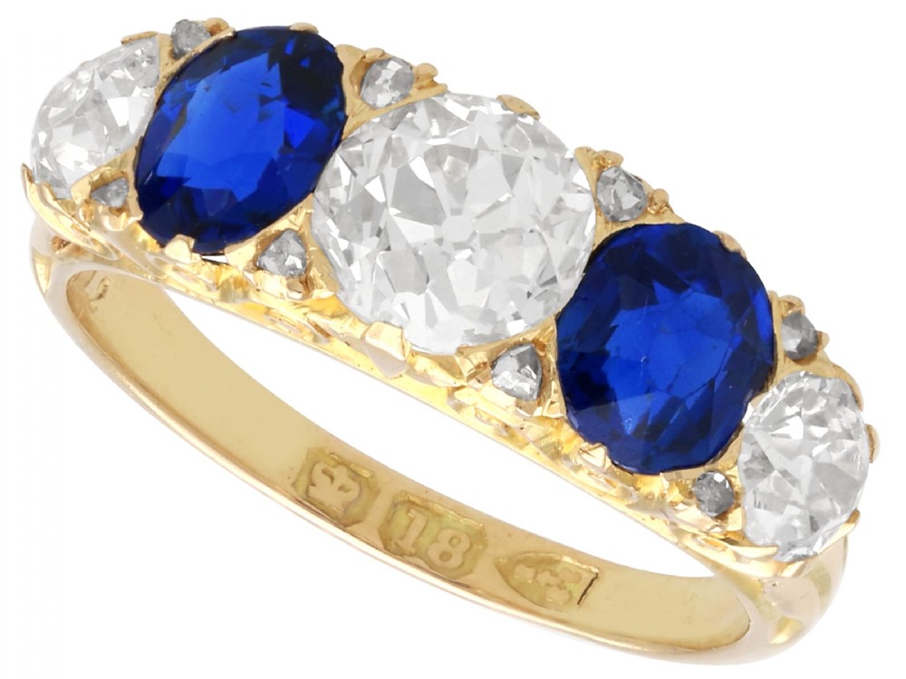 An antique 18ct yellow gold five stone ring set with alternating blue sapphires and old-cut diamonds.