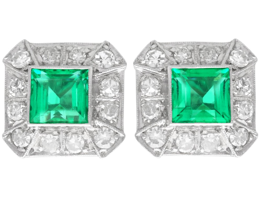 Vintage 2.06ct Colombian Emerald and 1.68ct Diamond, 14ct White Gold Cluster Earrings Circa 1940