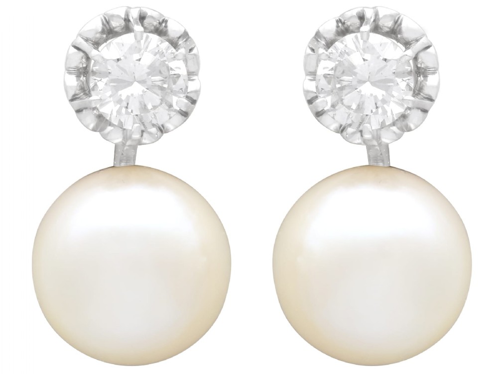 Vintage Cultured Pearl and 1.07ct Diamond, Platinum Earrings Circa 1950
