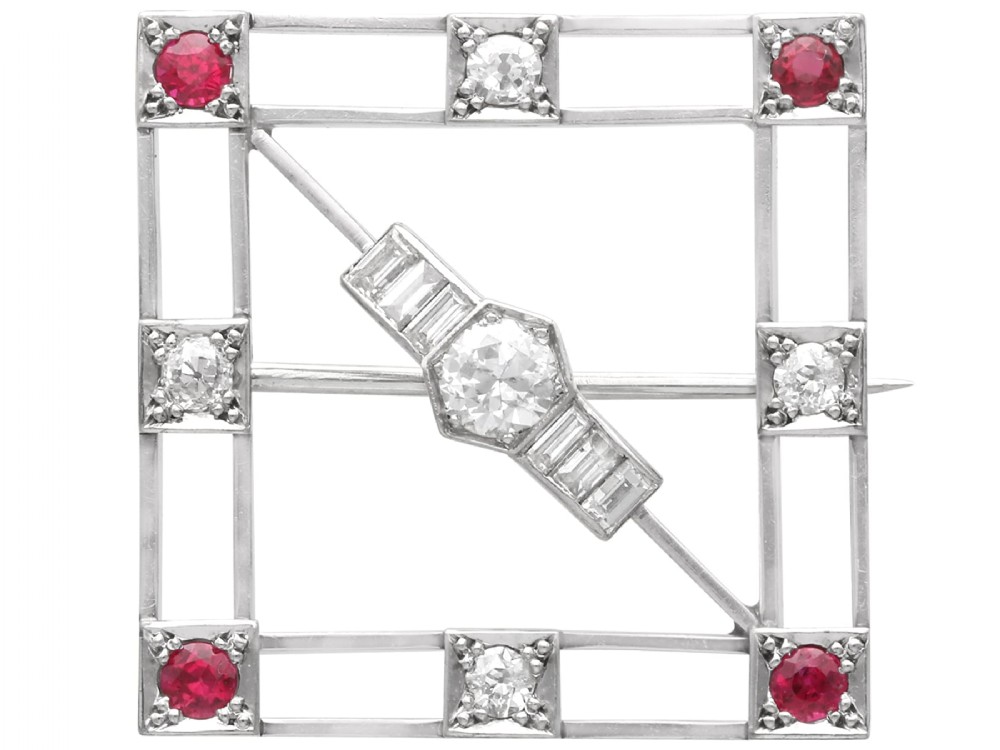 Antique Art Deco 0.32ct Ruby and 0.95ct Diamond, 9ct White Gold Brooch Circa 1925