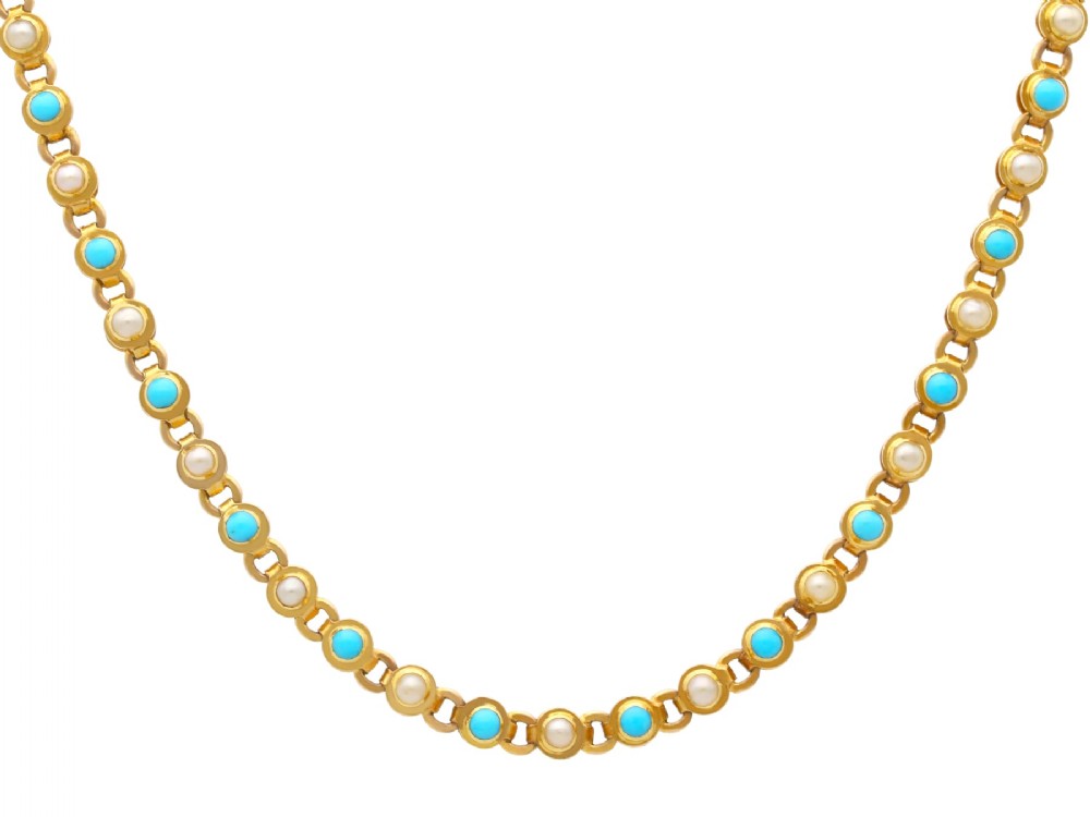 Antique 0.90ct Turquoise and Seed Pearl, 15ct Yellow Gold Necklace Circa 1880