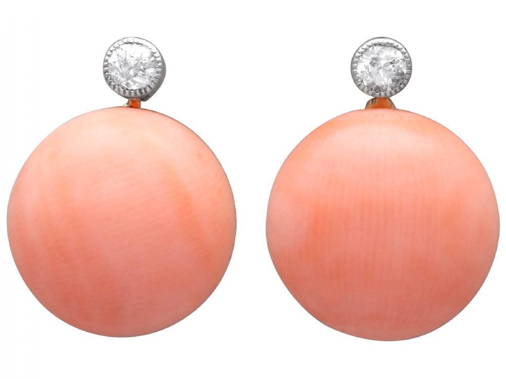 Antique 8.20ct Coral and 0.13ct Diamond, 18ct Yellow Gold Earrings Circa 1935