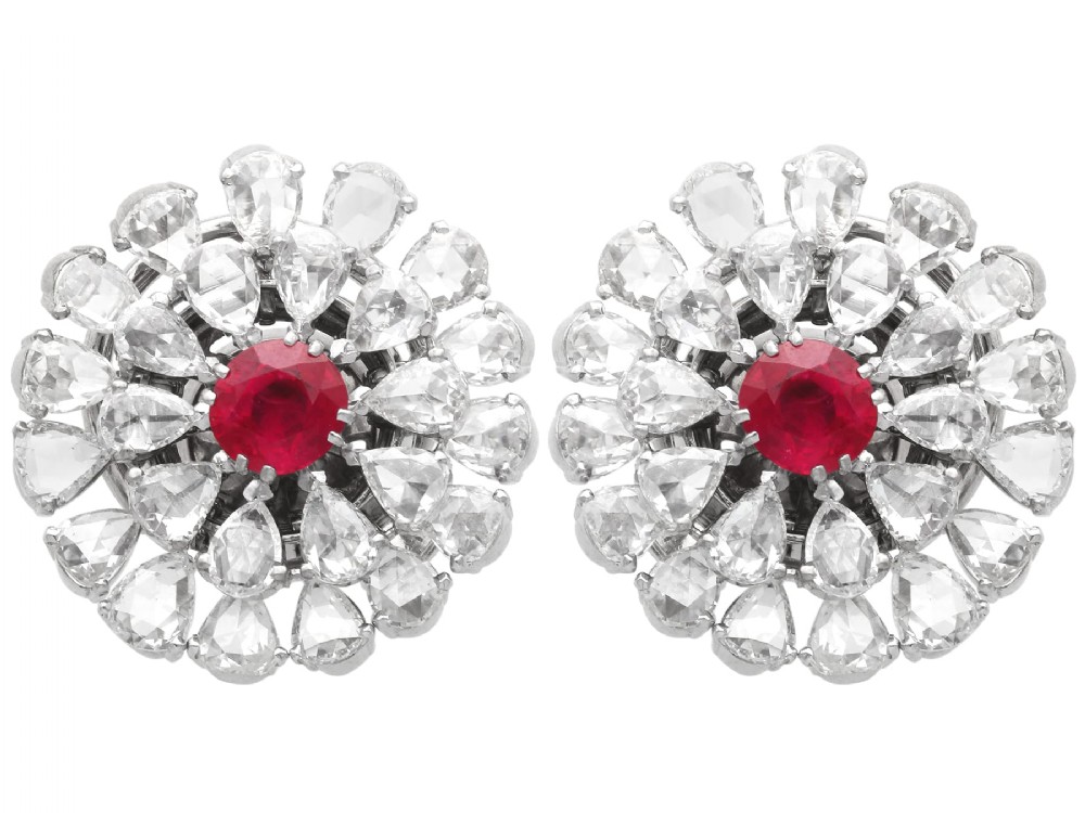 Antique 2.10ct Burmese Ruby and 14.12ct Diamond, 18ct White Gold Earrings Circa 1900