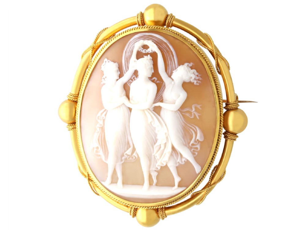 Antique Shell and 21ct Yellow Gold Three Graces Cameo Brooch Circa 1880