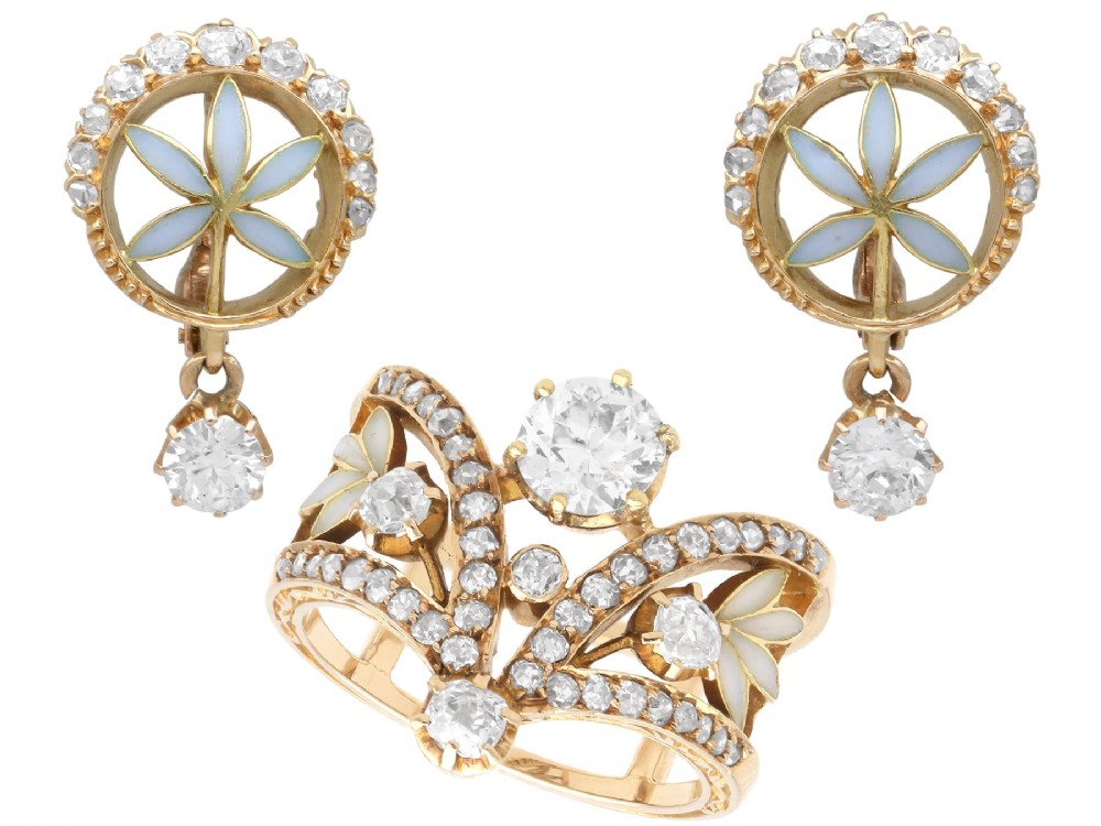 Antique Plique-a-Jour and 3.68ct Diamond, 18ct Yellow Gold Earring and Ring Set Circa 1890