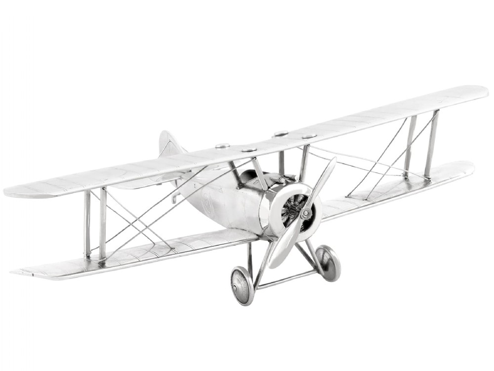 A sterling silver scale model of a George V era Sopwith biplane featuring twin wings, a propeller, two wheels, and wire rigging.