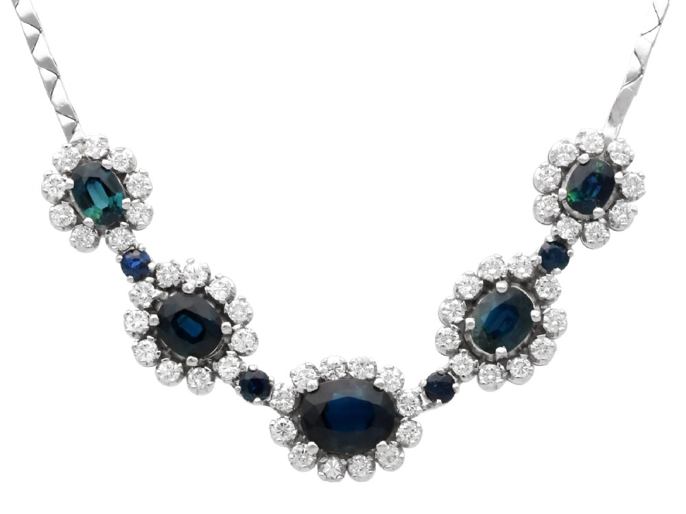 Vintage 6.90ct Sapphire and 3.50ct Diamond 14ct White Gold Necklace 1965