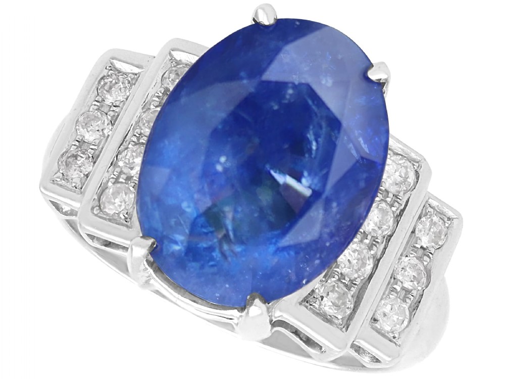 Vintage French Art Deco 9.28ct Ceylon Sapphire and 0.30ct Diamond 18ct White Gold Ring Circa 1950