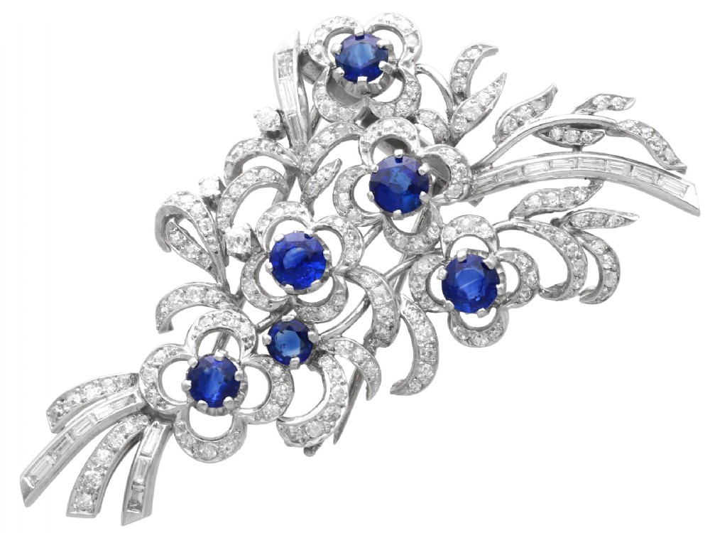 Antique 2.48ct Sapphire and 2.80ct Diamond Platinum Brooch Circa 1935