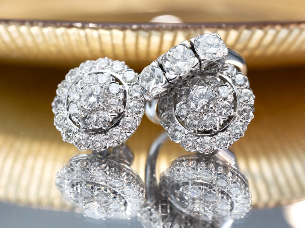 Vintage 5.97ct Diamond and 18ct White Gold Cluster Earrings Circa 1940 View VI