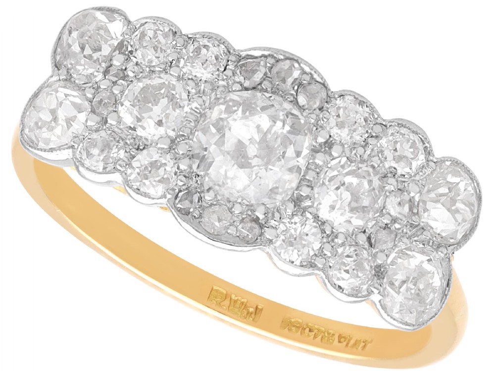 An Edwardian 18ct yellow gold and platinum cluster ring set with multiple old-cut diamonds in a scalloped setting.