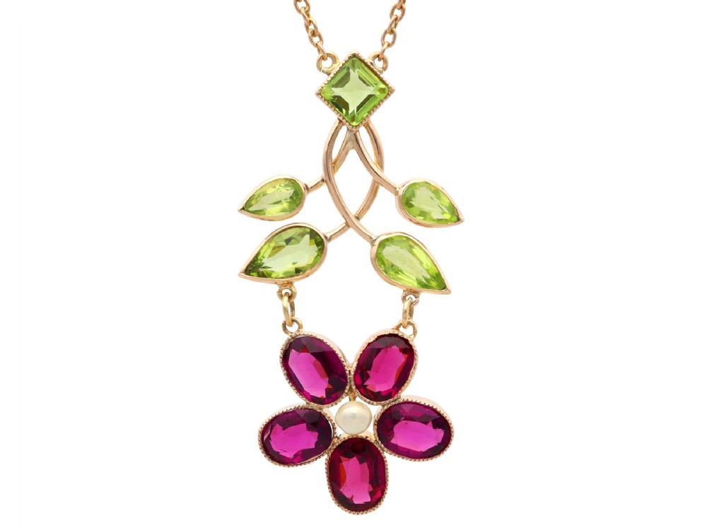 Antique 2.75ct Garnet 2.35ct Peridot and Pearl 9ct Rose Gold Pendant Circa 1910
