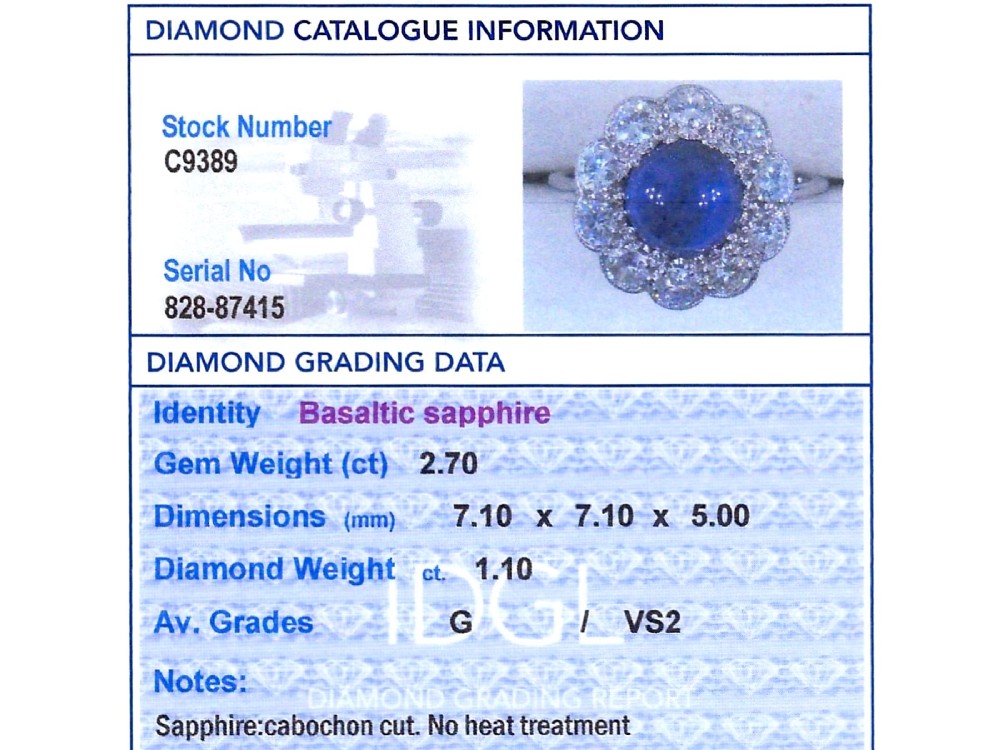 A platinum ring set with a central round cabochon blue sapphire surrounded by a halo of ten round diamonds. View XIII