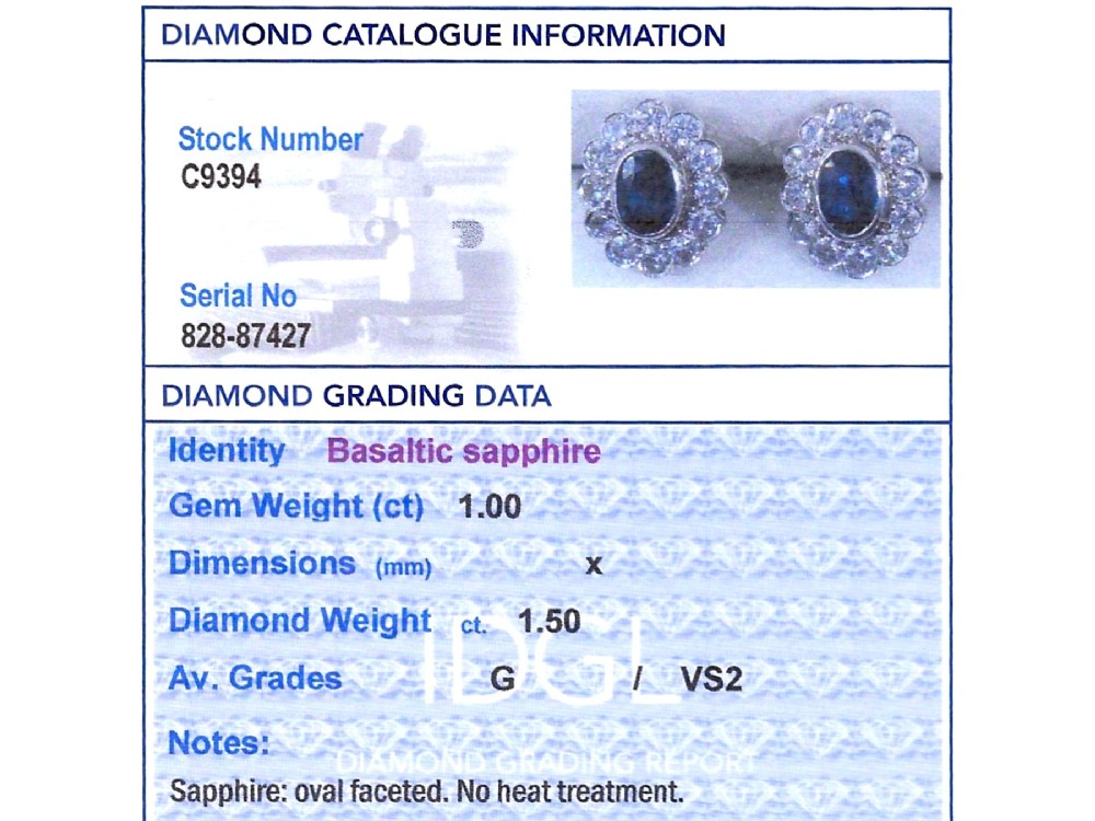 Pair of 1930s 18ct white gold cluster earrings featuring oval blue sapphire centerpieces framed by halos of round diamonds. View XIII