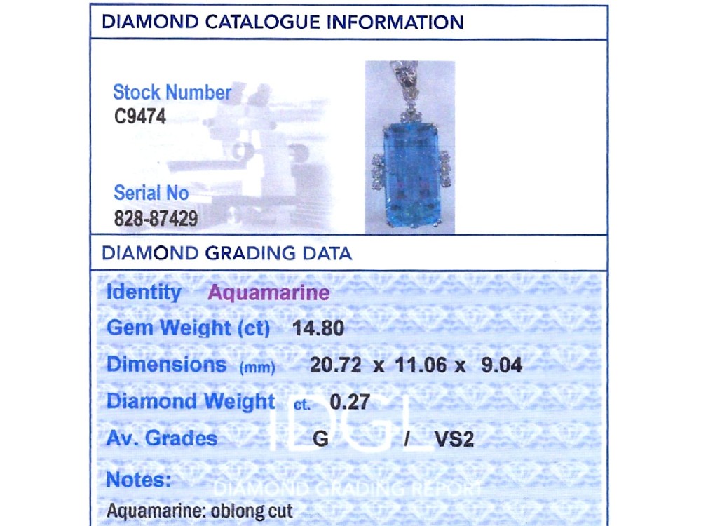 A vintage 18ct white gold pendant featuring a large emerald-cut light blue aquamarine framed by accent diamonds, suspended from an engraved bail. View XI
