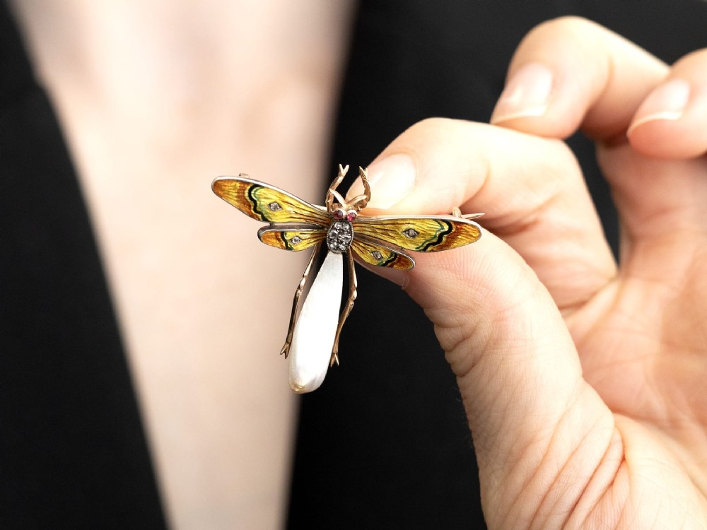 An antique late Victorian dragonfly brooch crafted in yellow gold with yellow enamel wings, garnet eyes, rose-cut diamond accents, and a elongated natural pearl abdomen. View III