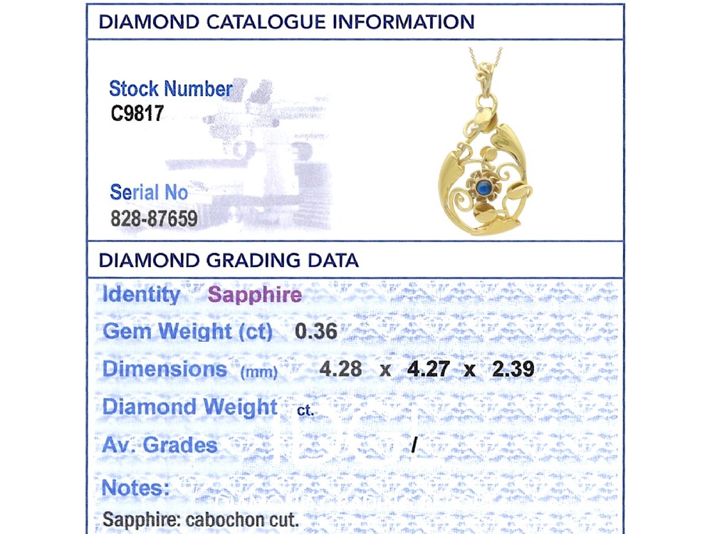 An openwork Art Nouveau 14ct yellow gold pendant featuring botanical leaf motifs surrounding a central bezel-set blue sapphire. View X