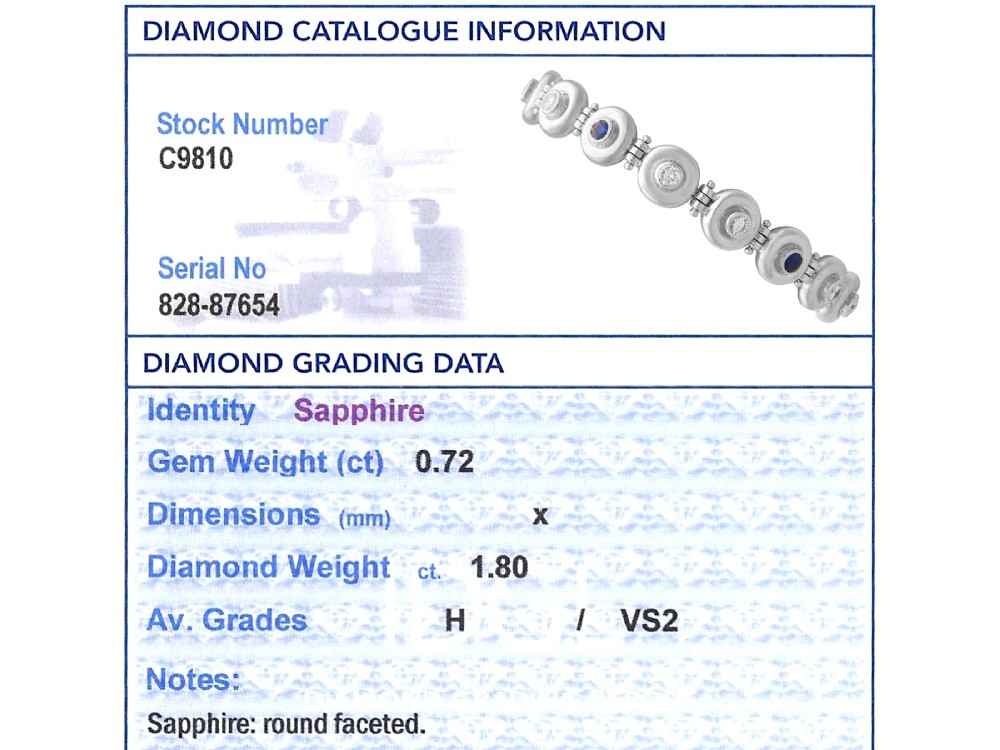A vintage 18ct white gold articulated link bracelet set with alternating bezel-mounted round diamonds and blue sapphires. View XII