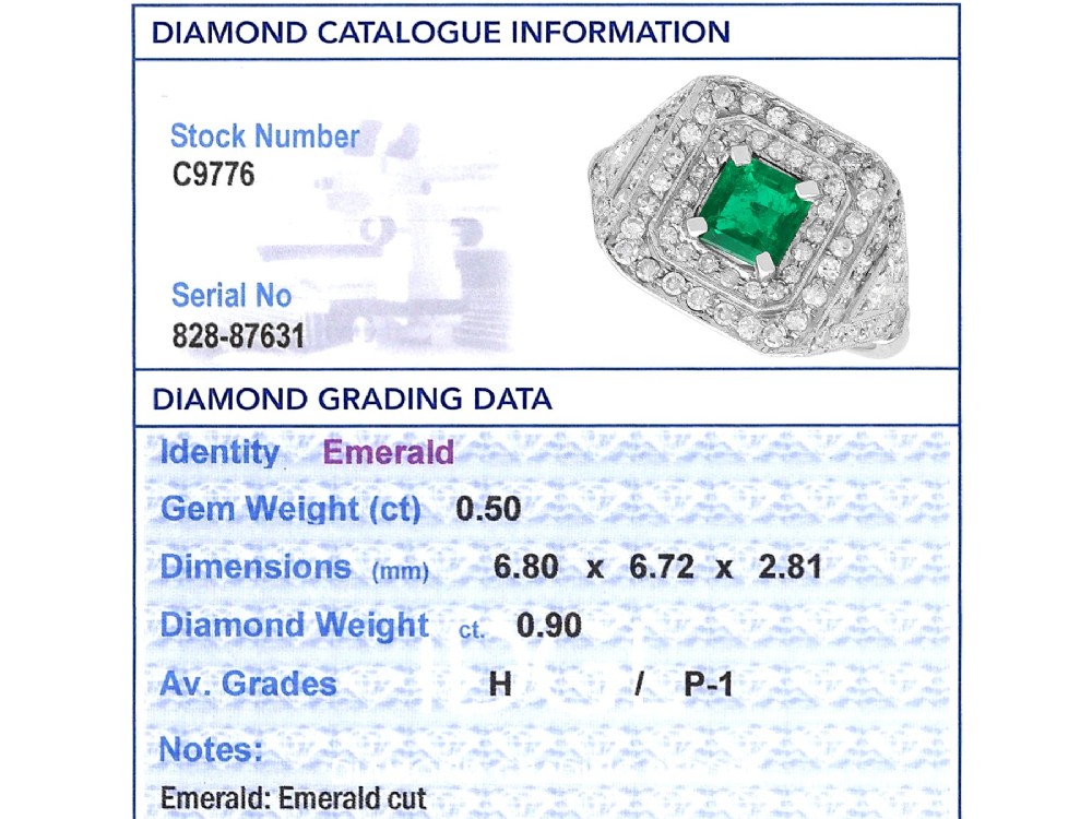 An Art Deco platinum ring featuring a central square green emerald surrounded by geometric concentric halos of brilliant-cut diamonds. View VII