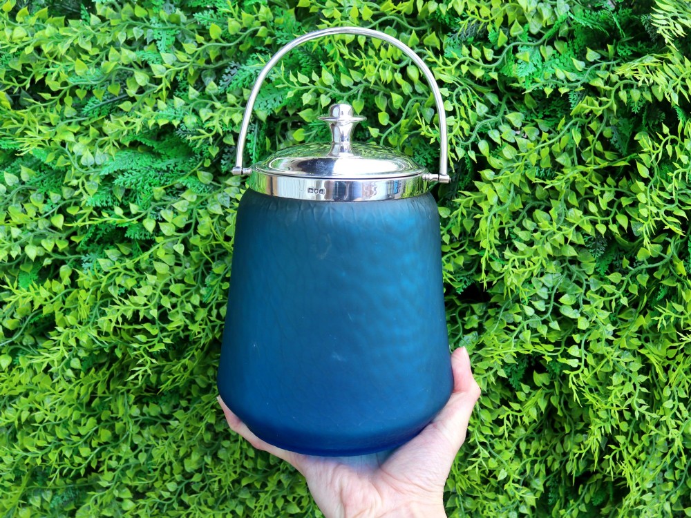 Antique Victorian Sterling Silver and Blue Glass Biscuit Barrel (1896) View II