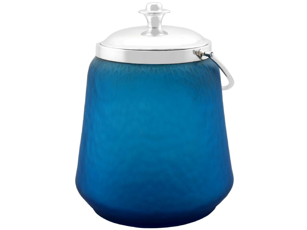 Antique Victorian Sterling Silver and Blue Glass Biscuit Barrel (1896) View V