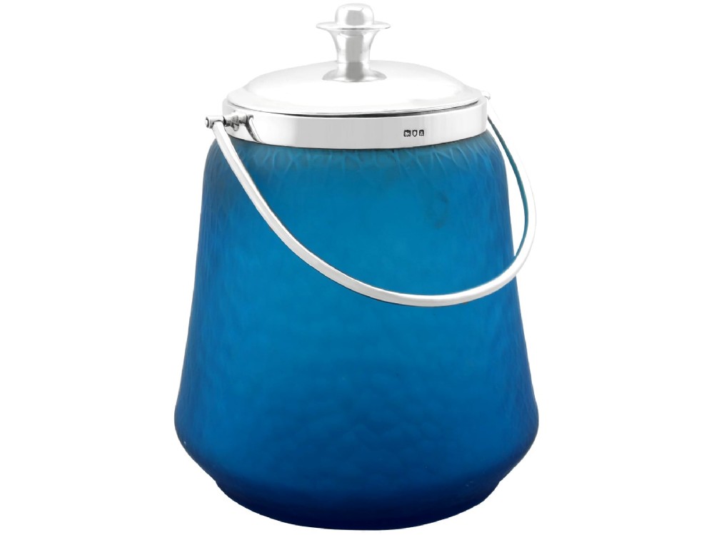 Antique Victorian Sterling Silver and Blue Glass Biscuit Barrel (1896) View VI