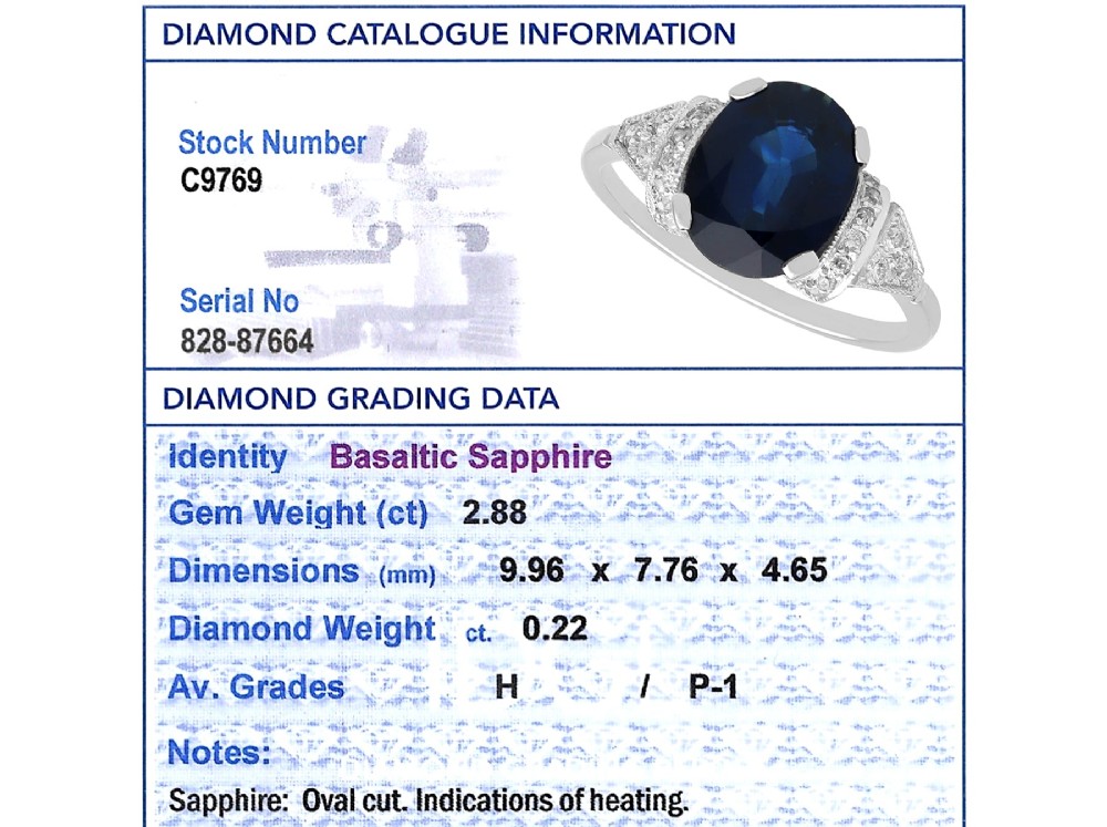 An Art Deco platinum ring featuring a centrally set oval blue sapphire flanked by diamond-set geometric shoulders. View VII