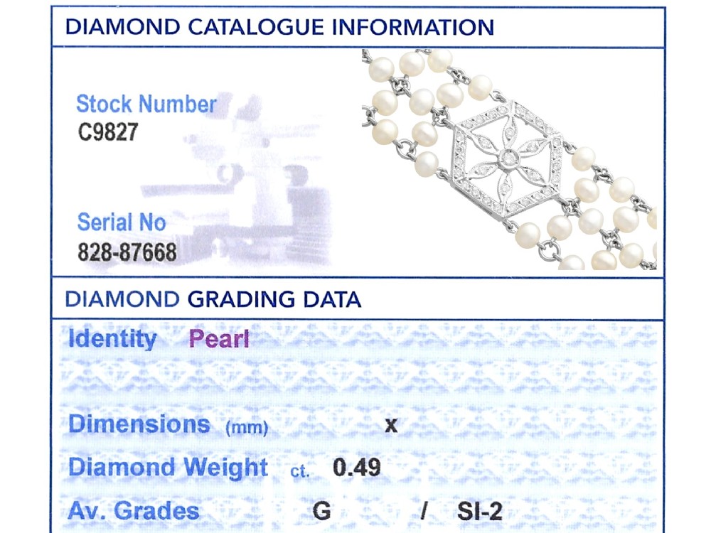 A multi-strand white pearl choker necklace joined at the front by an 18ct white gold hexagonal plaque set with small diamonds. View XIV