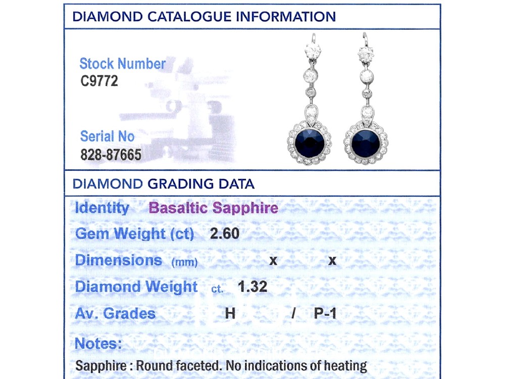A pair of antique Art Deco platinum drop earrings featuring round dark blue sapphires encircled by diamond halos suspended from articulated diamond links. View XII