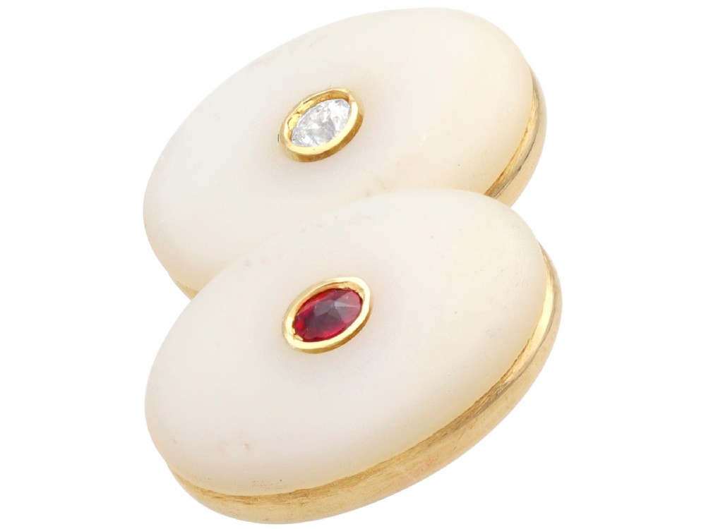 Four oval 15ct yellow gold cufflinks featuring smooth white agate faces with central bezel-set diamond, sapphire, and ruby gemstones. View VIII