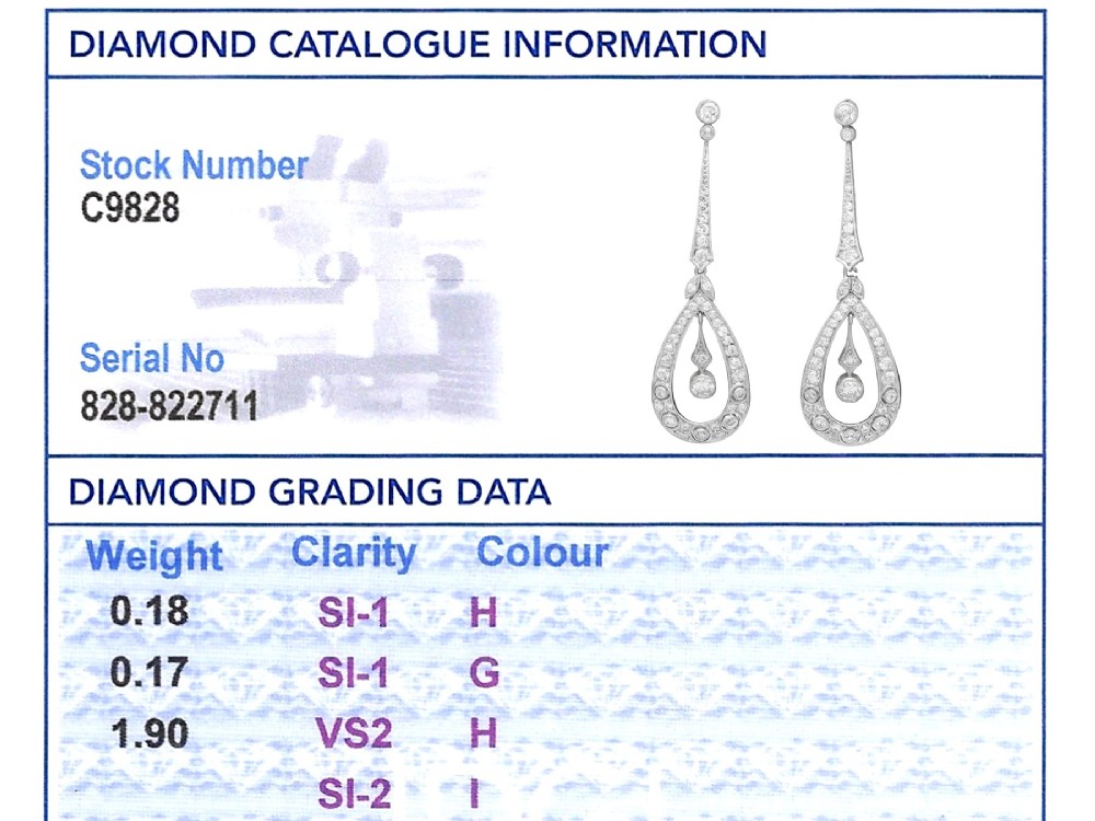 A pair of Art Deco platinum drop earrings featuring openwork teardrop frames set with diamonds and geometric articulated tops. View X