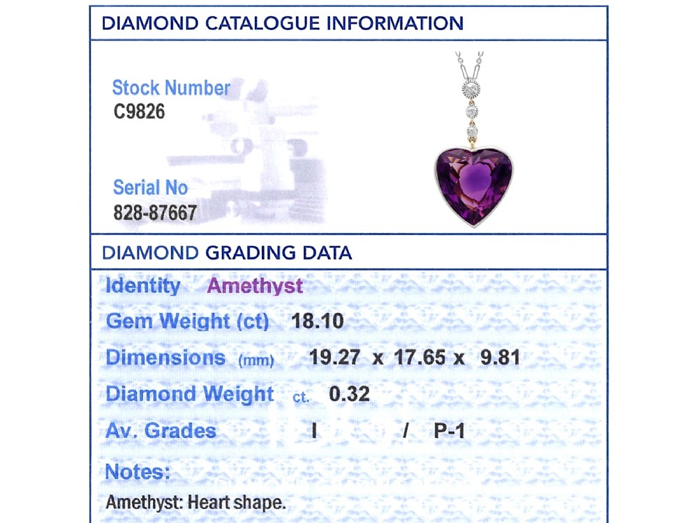 An antique heart-cut purple amethyst pendant framed with a millegrain edge and suspended beneath three round diamond accents set in gold. View XII