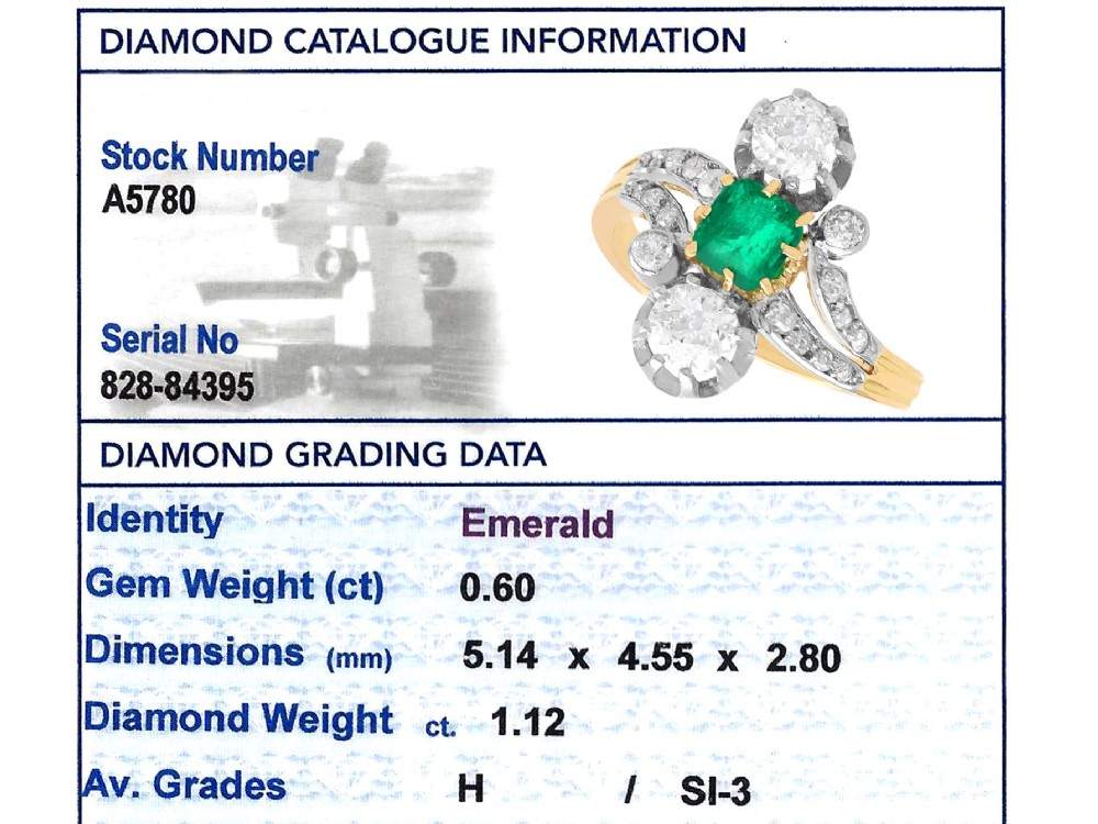 An antique 18ct yellow gold twist ring set with a central green emerald, flanked by two old cut diamonds and diamond-set shoulders. View X