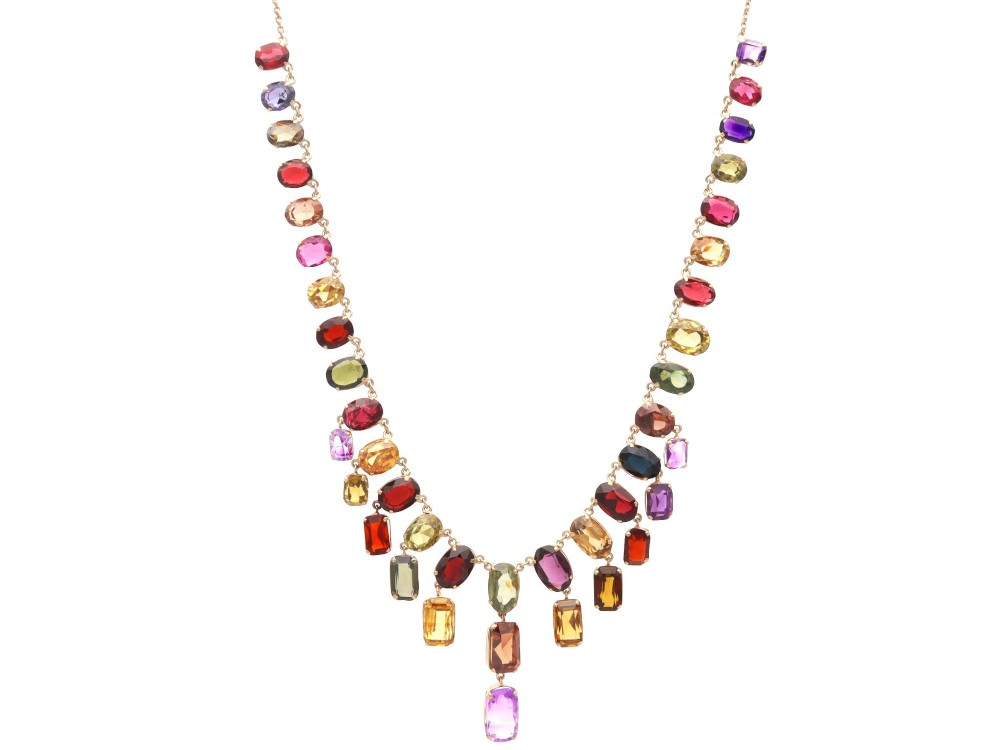 Antique 60.69ct Zircon 6.63ct Amethyst and 0.93ct Iolite 9ct Rose Gold Fringe Necklace Circa 1930