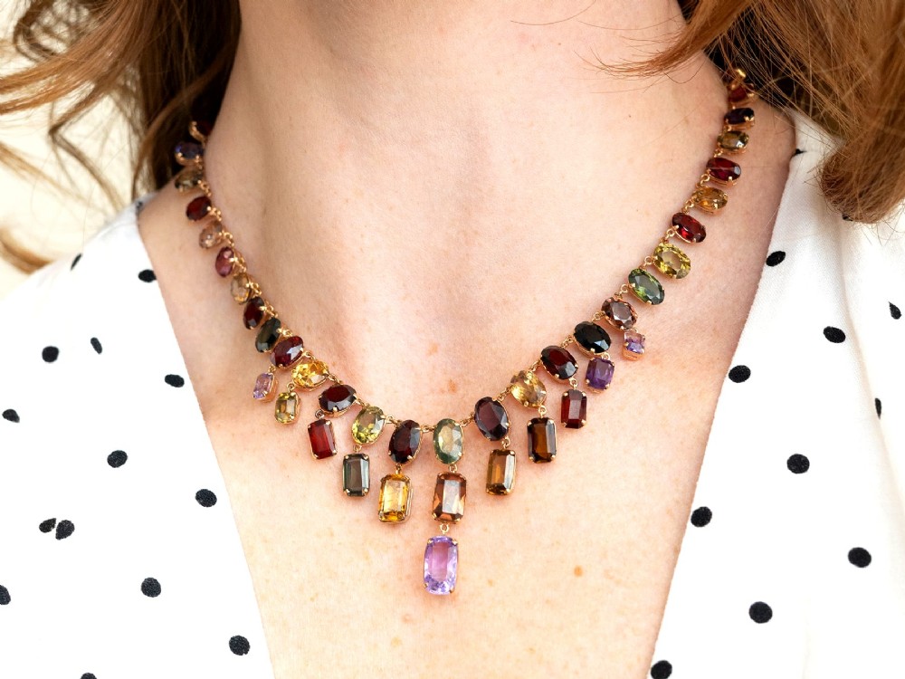Antique 60.69ct Zircon 6.63ct Amethyst and 0.93ct Iolite 9ct Rose Gold Fringe Necklace Circa 1930 View III