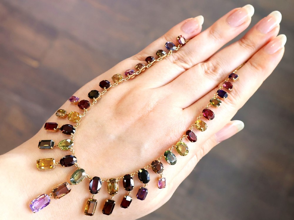 Antique 60.69ct Zircon 6.63ct Amethyst and 0.93ct Iolite 9ct Rose Gold Fringe Necklace Circa 1930 View IV