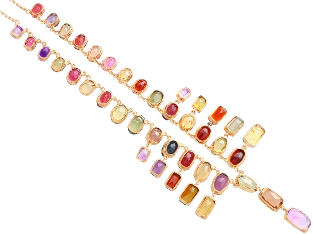 Antique 60.69ct Zircon 6.63ct Amethyst and 0.93ct Iolite 9ct Rose Gold Fringe Necklace Circa 1930 View VIII