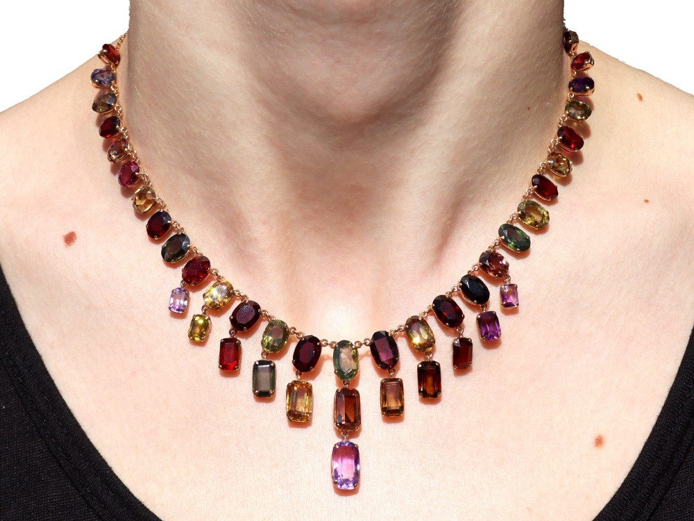 Antique 60.69ct Zircon 6.63ct Amethyst and 0.93ct Iolite 9ct Rose Gold Fringe Necklace Circa 1930 View XI